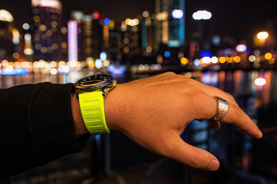 A man's hand&mdash;wearing a neon-yellow watch and a ring&mdash;is set against a brightly lit cityscape; the scene evokes a sense of urban energy and invites contemplation.