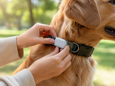 A woman gently adjusts a light-colored collar around the neck of a golden retriever dog in a park.