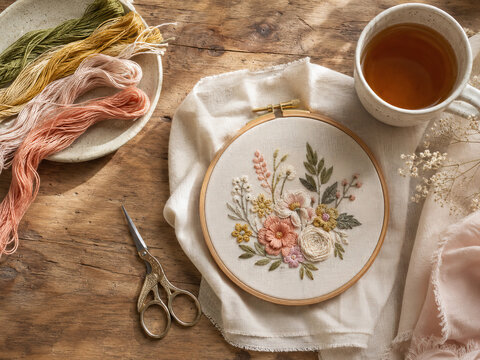 A person meticulously stitches a floral design into an embroidery hoop on a weathered wooden table. The embroidery hoop itself is a natural wood color