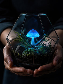 A person presents a geometric glass terrarium, showcasing a miniature landscape with a glowing blue mushroom and moss.