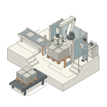 Industrial Automation Warehouse Robotic Arm Handling Pallets with Worker Monitoring Operations on Multi Level Platform