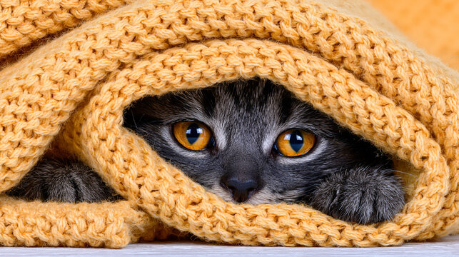 Close up of an adorable tabby cat head peeking from under a warm mustard yellow knitted blanket