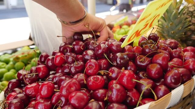 Hand picks cherries at a market in bright daylight