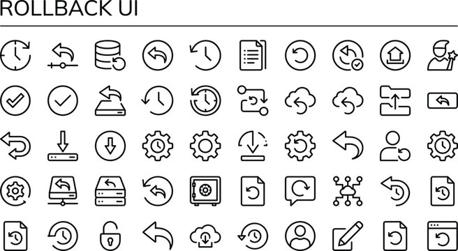 Rollback user interface outline icon set with version control restore backup recovery system revert and deployment management vector collection