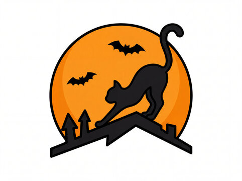 Black cat silhouette stretching on a rooftop against a full moon