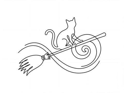 One line drawing of a cat sitting on a flying broomstick