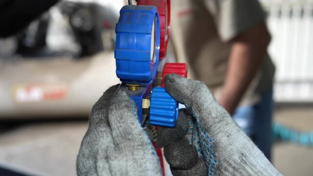 A close-up shot of a mechanic's gloved hands adjusting a manifold gauge set, commonly used for servicing and recharging car air conditioning systems.