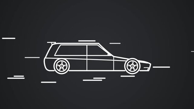 Minimalist vector line art of an aggressive turbo hot hatchback speeding on a dark background with rotating twin-spoke alloy wheels on a fixed axis on top of the body, spirited rally-inspired suspensi