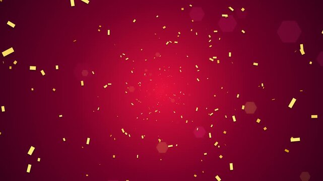 Abstract deep red background with dynamic bursting golden confetti and glowing hexagon bokeh. This seamless motion graphic loop is perfect for luxury celebration or award video designs.
