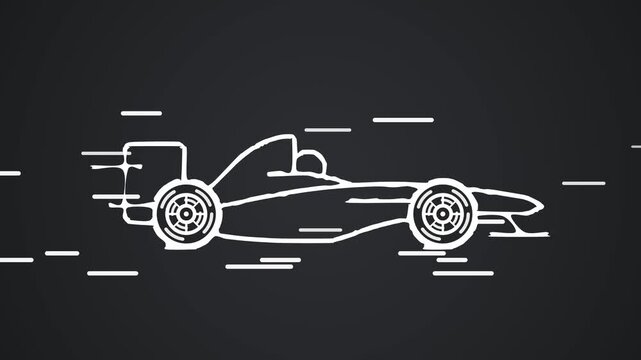 Realistic side profile vector line art of a modern racecar speeding on a dark background with mathematically round rotating wheels on a fixed axis on top of the body, subtle high-speed suspended