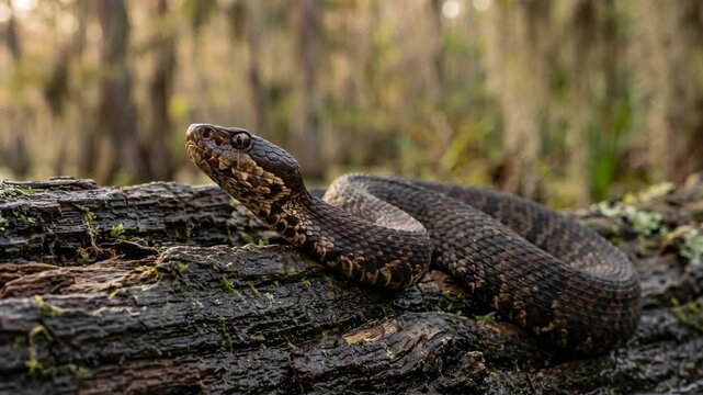 moccasin snake close up at morning light in cypress swamp louisiana video