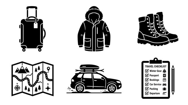 Winter travel essentials including luggage parka boots map car with skis and checklist for vacation planning