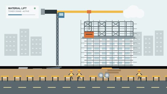 Flat vector illustration of a construction site featuring a tower crane lifting materials to a building frame with busy laborers working below