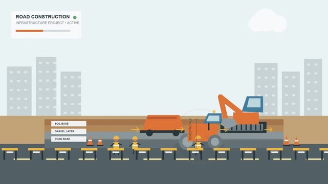 Flat Vector Illustration of Workers and Heavy Machinery Engaging in Modern Road Infrastructure Construction and Urban Development Projects