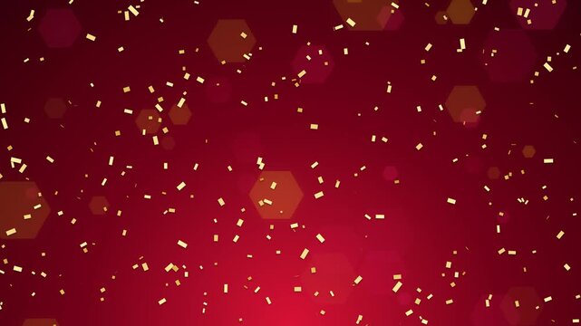 Abstract deep ruby red background with falling golden confetti and hexagon bokeh. This seamless motion graphic loop is perfect for luxury award or celebration video designs.