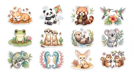Obraz premium Cute wild animals and cute characters clip art set illustration
