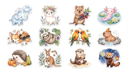 Obraz premium Watercolor cute forest animals and woodland clip art set illustration