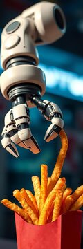 Robotic arm grasping handful of crispy french fries, food photography, mechanical grasp