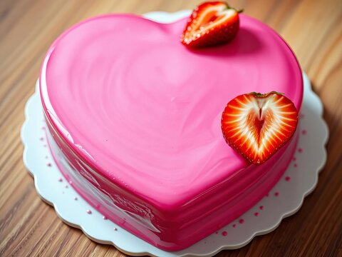 Rounded heart-shaped cake with strawberry slice on side, Valentine's Day, strawberry
