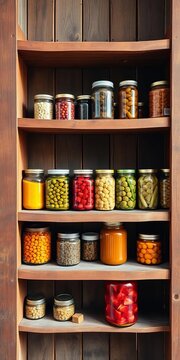 Rusty wooden shelf lined with colorful glass jars of preserved goods, preserved, kitchen