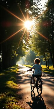 Sunshine filters through trees as mother guides child's bike ride lessons, mom, teaching