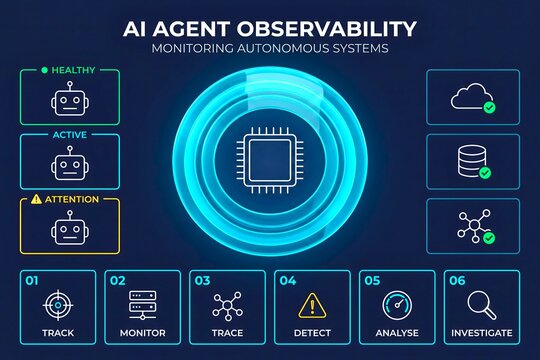 Agent observability panel with healthy active and attention states