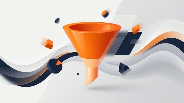 Orange funnel with abstract fluid waves symbolizes customer acquisition and sales pipeline management.