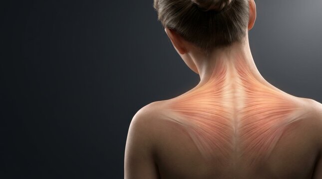 Rear view of neck and shoulders with warm light spreading across trapezius fibers for stress relief wellness background with copy space