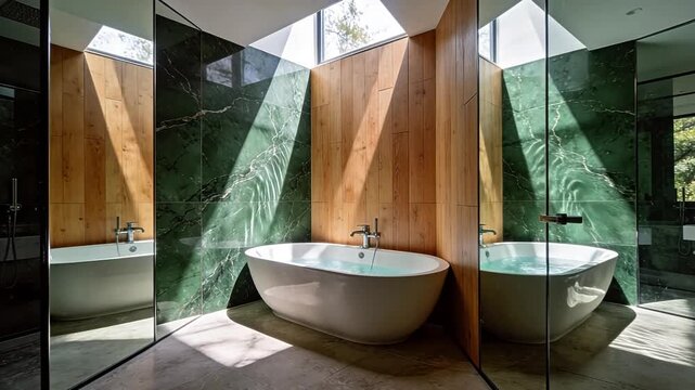 Modern bathroom with freestanding tub and skylight