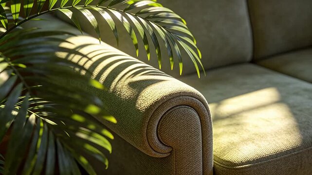 Cozy living room interior with light brown fabric sofa and sunlight through palm leaves