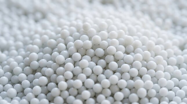 White plastic pellets photo, polymer granules background, industrial raw material