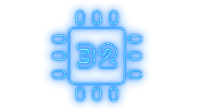 Glowing neon 32 bit CPU microchip processor icon isolated on transparent background. Computer hardware. System architecture. Tech symbol. Cyber UI element