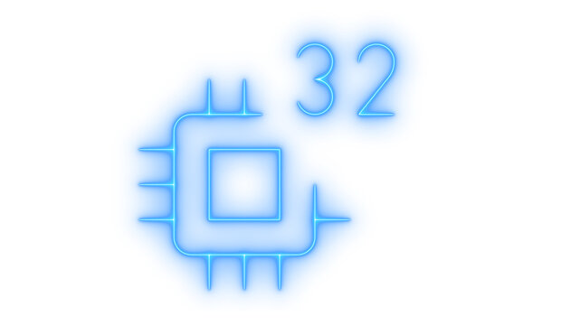 Glowing neon 32 bit CPU microchip processor icon isolated on transparent background. Computer hardware. System architecture. Tech symbol. Cyber UI element