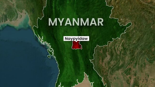 Myanmar map zoom in animation showing capital city Naypyidaw video footage