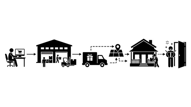Online shopping delivery process from warehouse to customer's home with a map pin