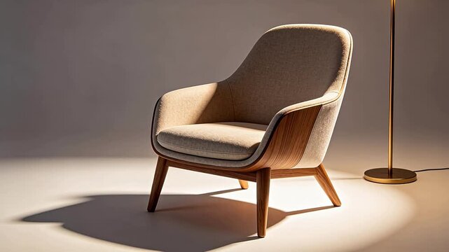 Modern gray fabric armchair with wooden frame and gold floor lamp in interior