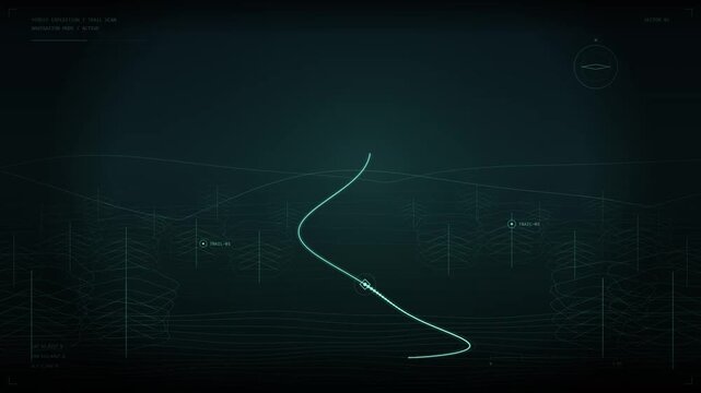 Digital futuristic interface featuring a sleek glowing navigation path over a dark abstract topographic terrain map for data visualization