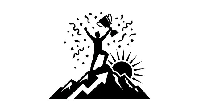 Silhouette of a triumphant winner holding a trophy on a mountain peak with rising sun and confetti celebration