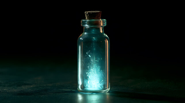 Small cork-stoppered glass potion vial containing glowing cyan light and magic particles isolated against a dark background. Enchanted elixir, alchemy, and Halloween spell casting concept photo
