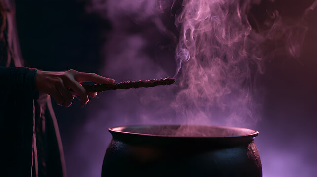 Witch's hand pointing a wooden magic wand at a bubbling cauldron releasing thick purple smoke in a dark room. Sorcery spellcasting, Halloween witch potion brewing, and magical ritual image