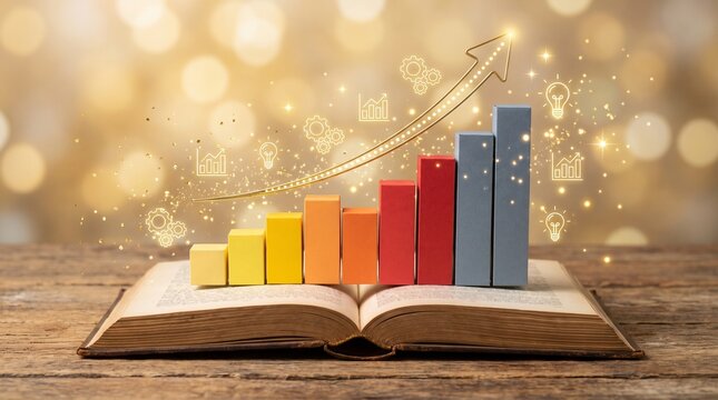Growth from Knowledge: An open book showcases a vibrant bar graph illustrating financial growth and success, symbolizing the power of learning and wisdom in achieving business objectives.