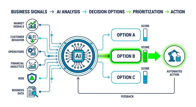 Business signals analyzed into scored decision options and action