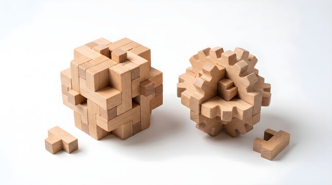Two complex wooden interlocking brain teaser puzzles on white background