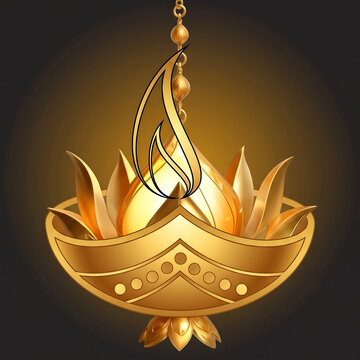 Golden Diwali diya lamp with lotus petals, ornate oil lamp for Hindu festival of lights, glowing brass deepak illustration on dark background