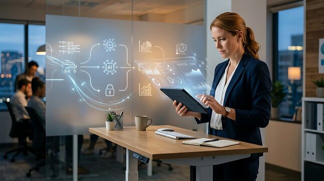 Businesswoman interacting with digital data visualization on tablet in modern office