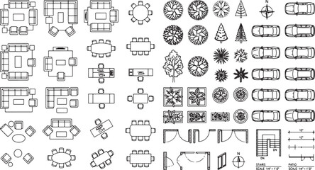 Obraz premium Architectural Floor Plan Furniture Symbols and Landscape Icons Vector Set
