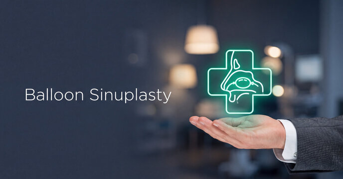 Medical professional holding glowing digital symbol representing balloon sinuplasty treatment procedure inside contemporary clinical facility