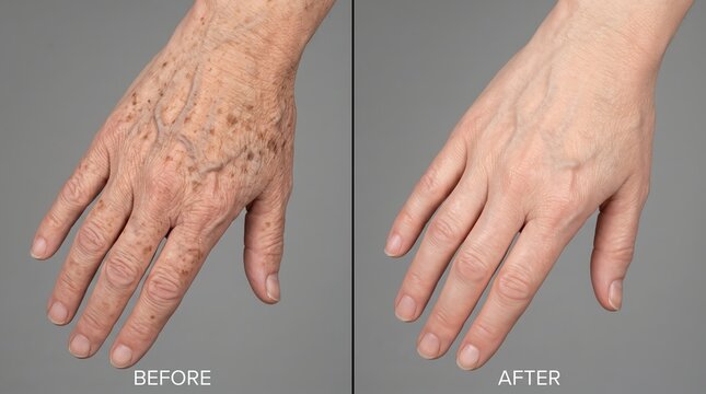 Before and after visual comparison of hand skin rejuvenation showing age spot reduction