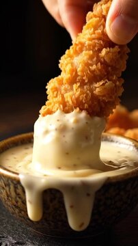 Crispy golden chicken tender dipping into a small bowl of creamy garlic mayonnaise sauce