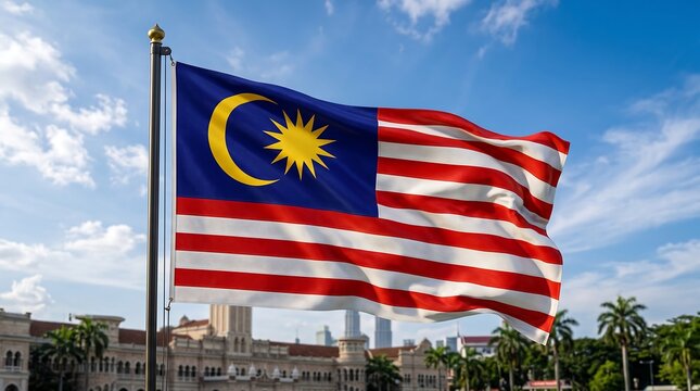 Malaysia flag waving against a blue sky with Sultan Abdul Samad building